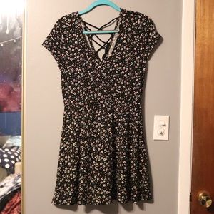 Aeropostale Floral Skater Dress With | Lace-Up Back | Gently Used | XL | Black